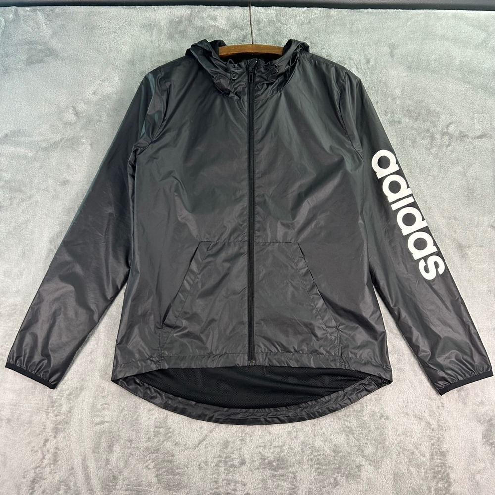 Adidas Essentials Windbreaker Jacket Black Hooded Full Zip Logo Sleeve Mens S